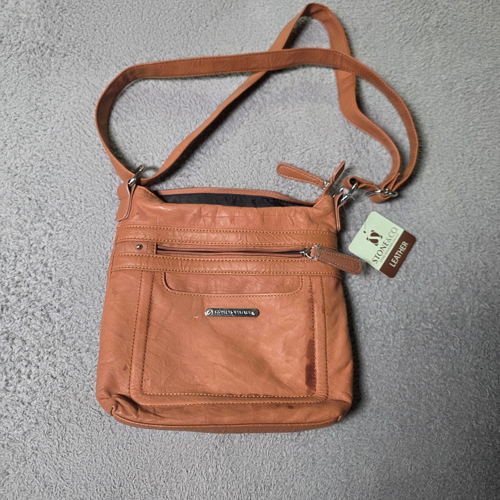 Stone & Co Womens OS Lydia Crossbody Bag Tan Leather Multi Pocket 67150